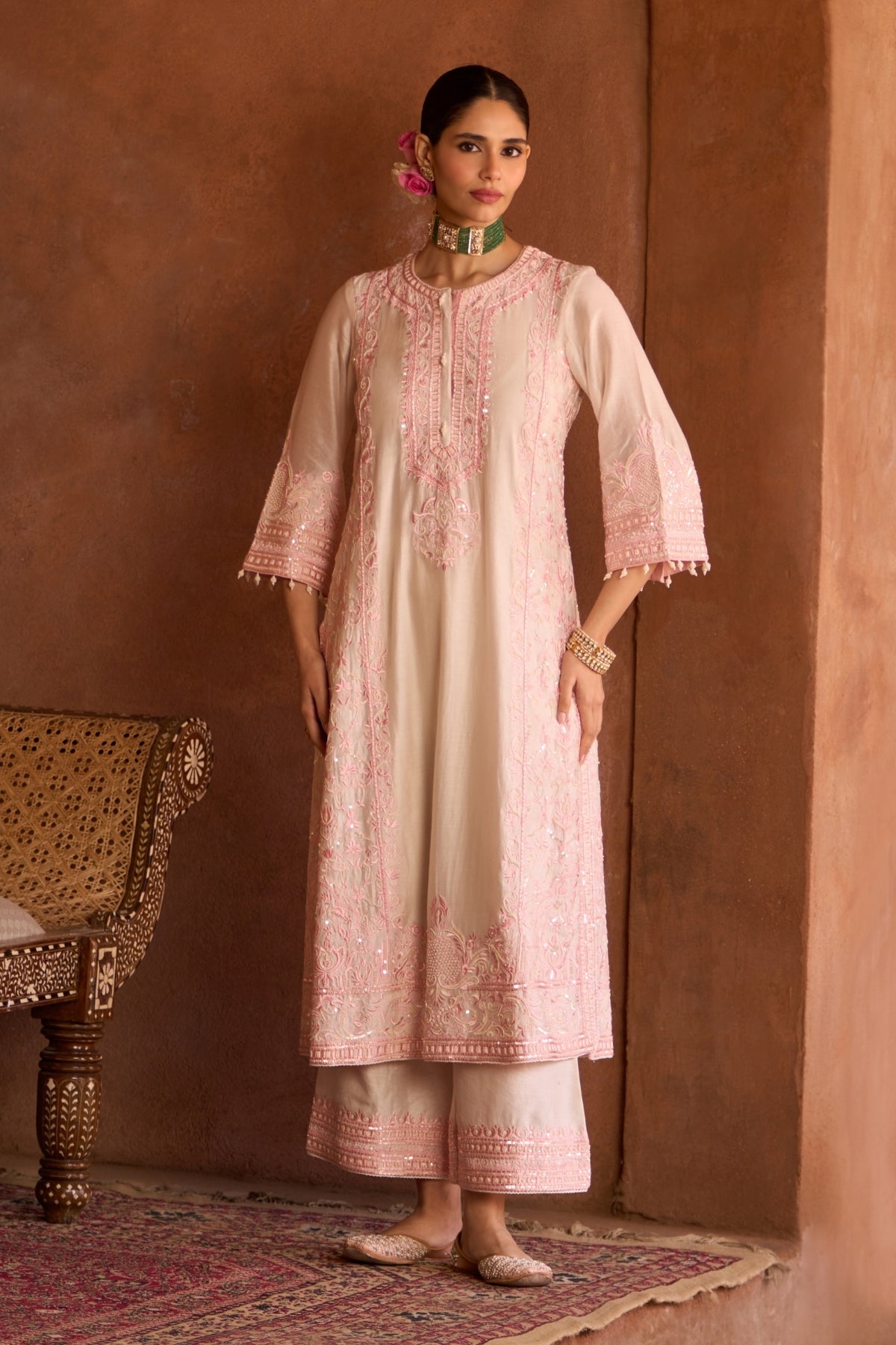 Ena - Daisy Ivory With Pink Long A-line Kurta With Palazzo And Dupatta