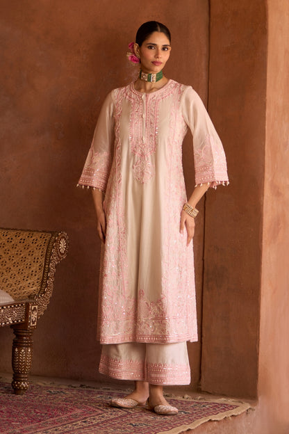 Ena - Daisy Ivory With Pink Long A-line Kurta With Palazzo And Dupatta