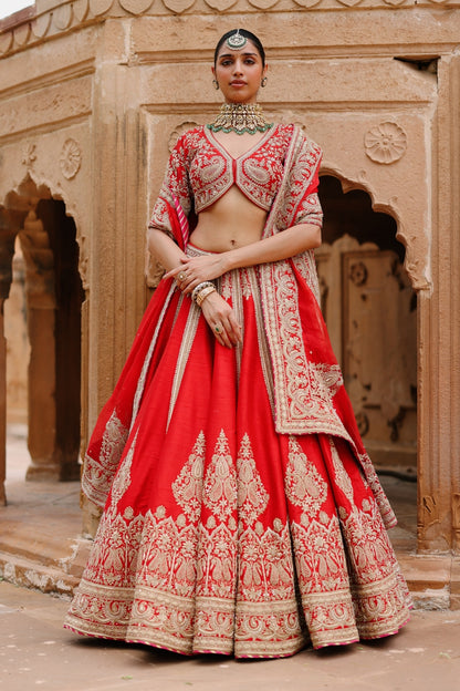 Mahroz - Deep Red Lehenga Set with Blouse & Dupatta