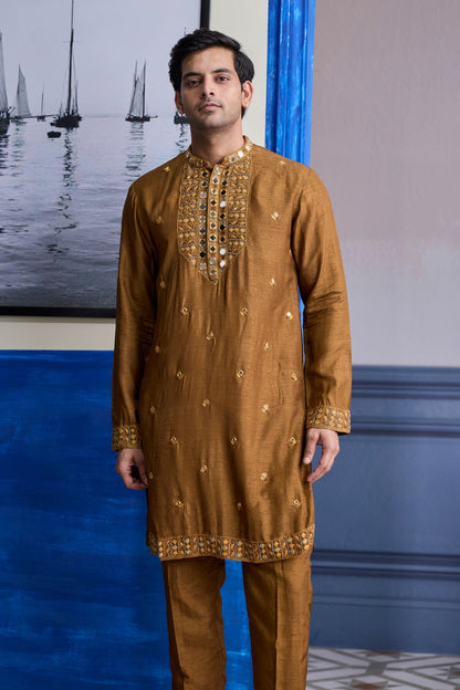 MUSTARD EMBROIDERED YOKE KURTA WITH PANTS
