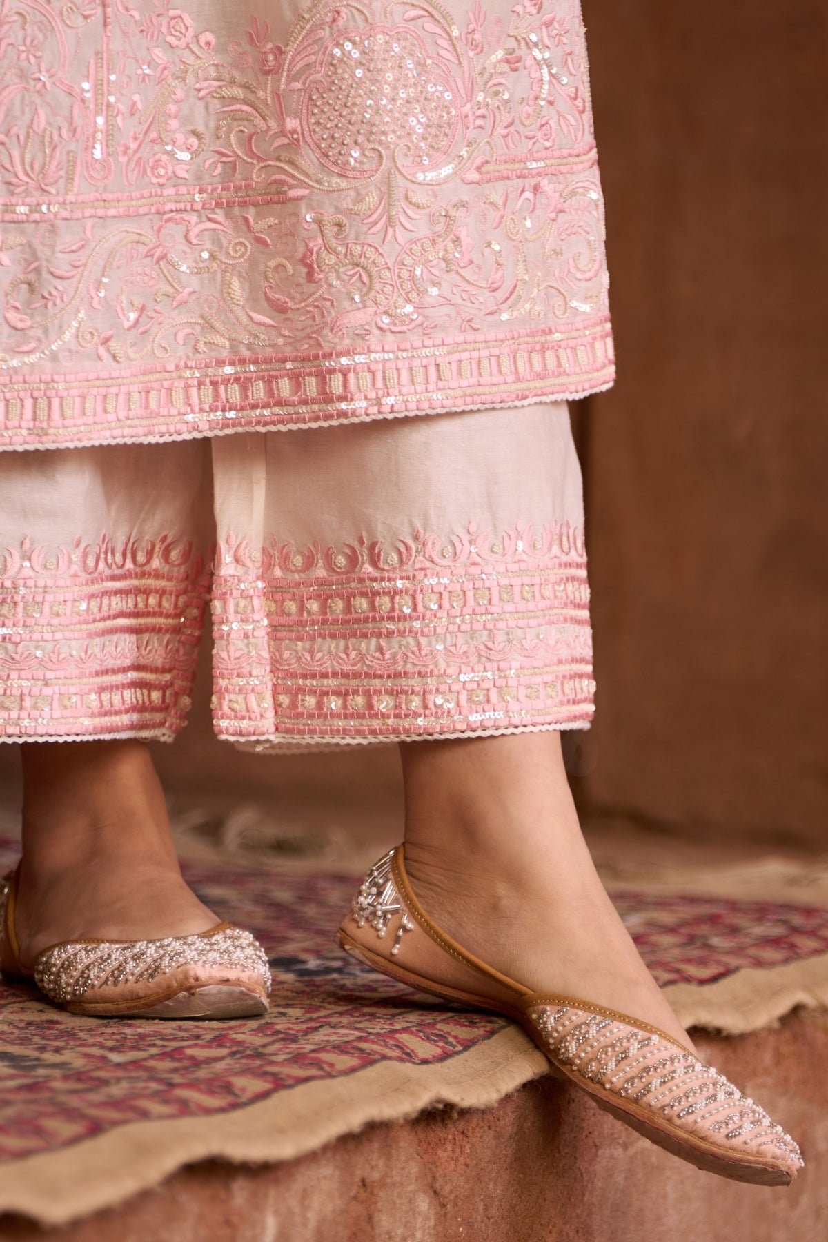 Ena - Daisy Ivory With Pink Long A-line Kurta With Palazzo And Dupatta