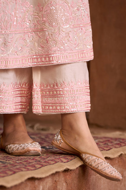 Ena - Daisy Ivory With Pink Long A-line Kurta With Palazzo And Dupatta