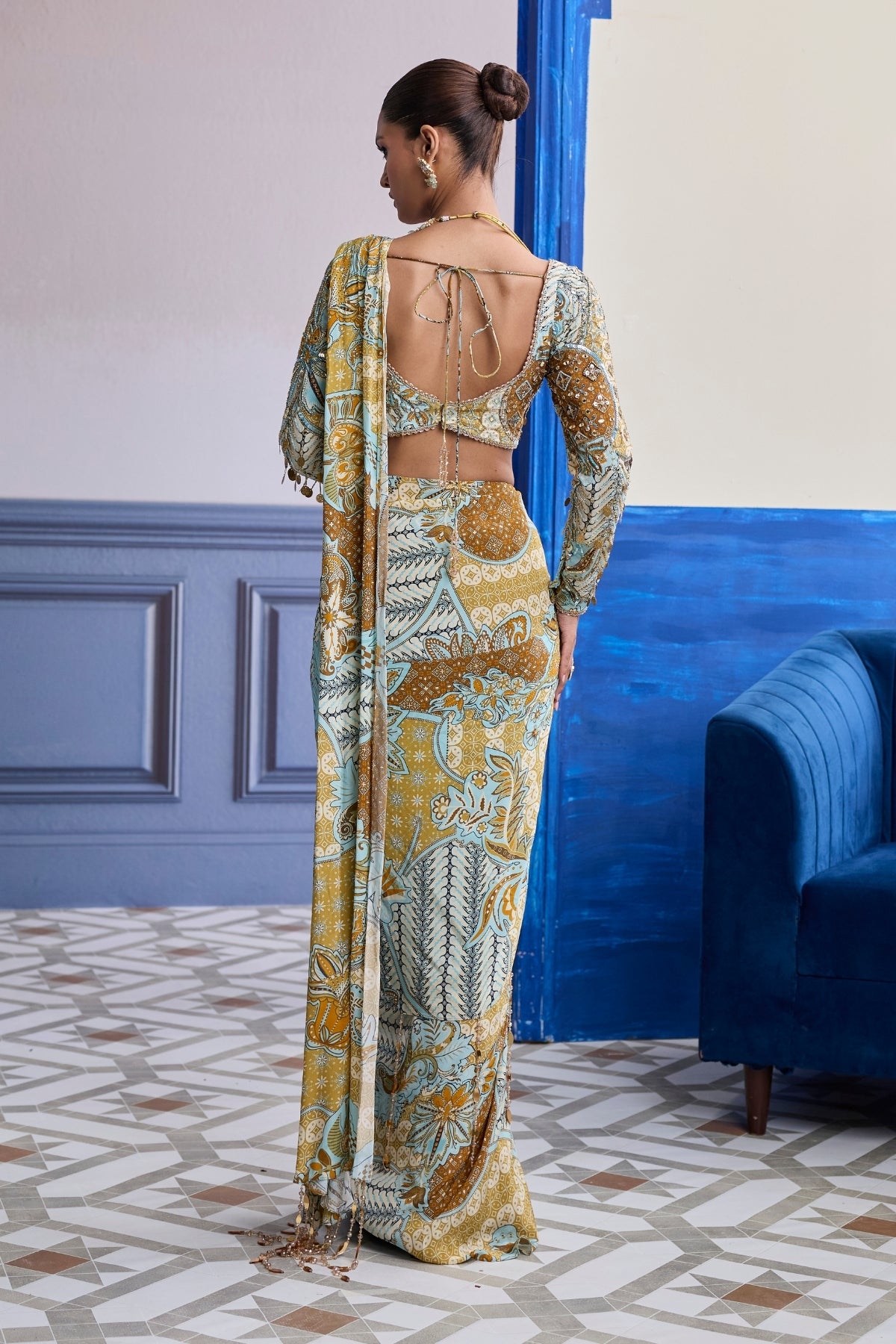 YELLOW FLORAL BLOUSE WITH COORDINATED PRINTED DHOTI SAREE SET