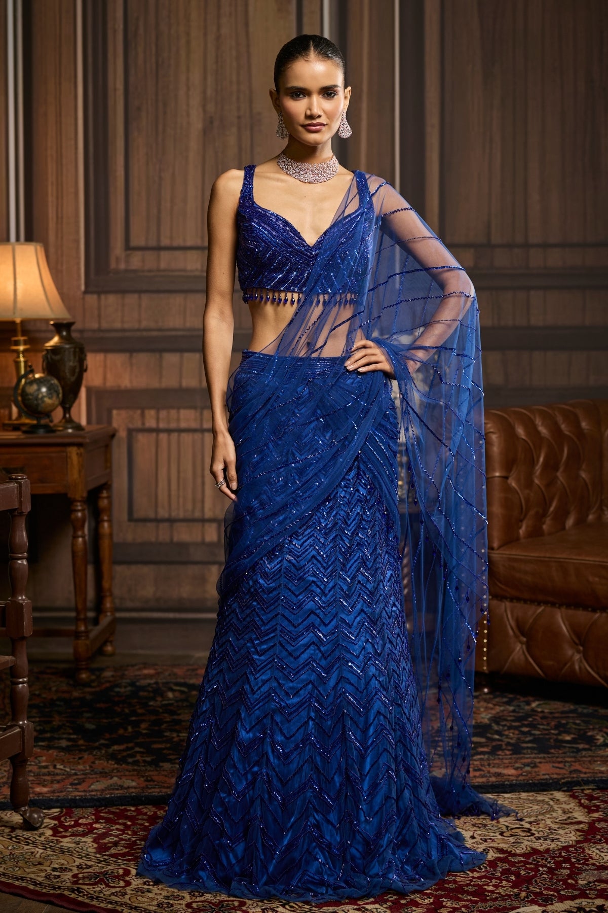 ELECTRIC BLUE EMBELLISHED PRE-DRAPED SKIRT SAREE SET