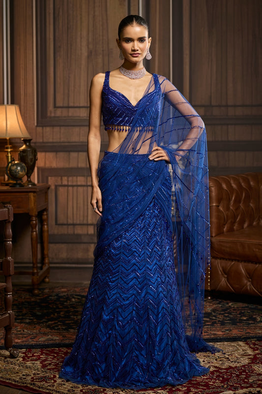 ELECTRIC BLUE EMBELLISHED PRE-DRAPED SKIRT SAREE SET