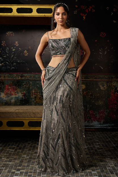 GREY EMBELLISHED MERMAID SKIRT SAREE SET