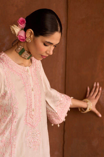 Ena - Daisy Ivory With Pink Long A-line Kurta With Palazzo And Dupatta