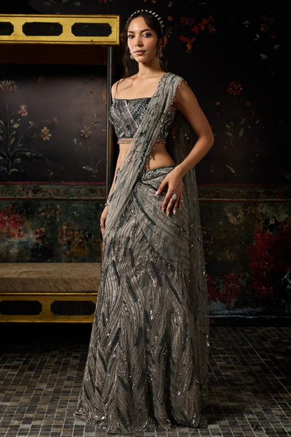GREY EMBELLISHED MERMAID SKIRT SAREE SET