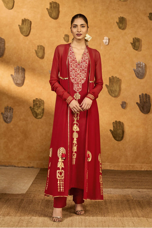 Red Pop Pod Pendant Anarkali Set