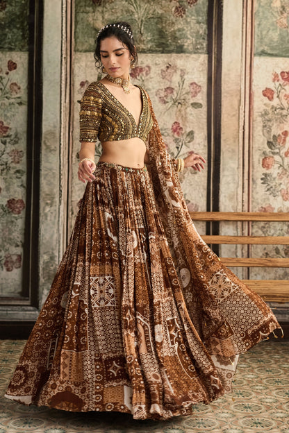 CARAMEL METALLIC EMBROIDERED BLOUSE  AND  CARAMEL PRINTED LEHENGA SET
