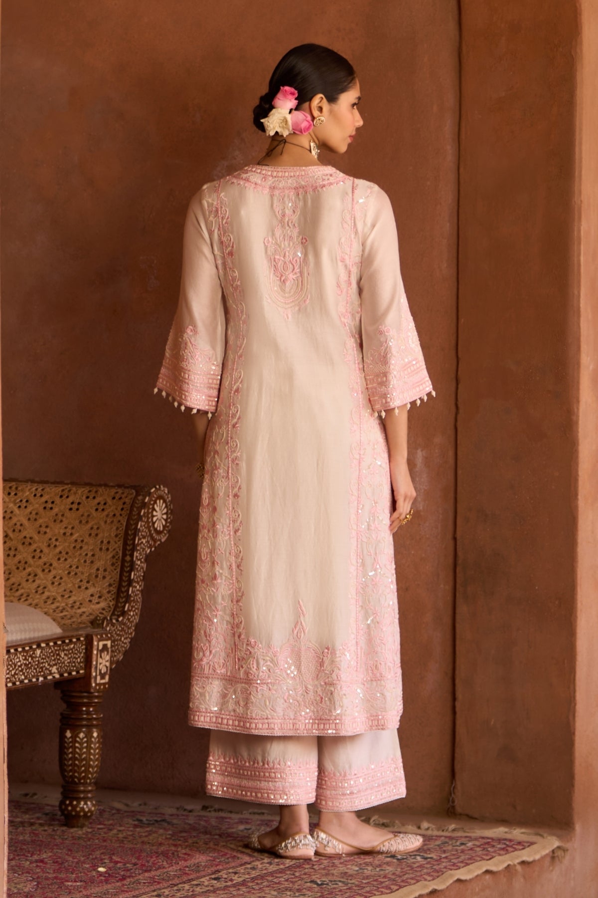 Ena - Daisy Ivory With Pink Long A-line Kurta With Palazzo And Dupatta