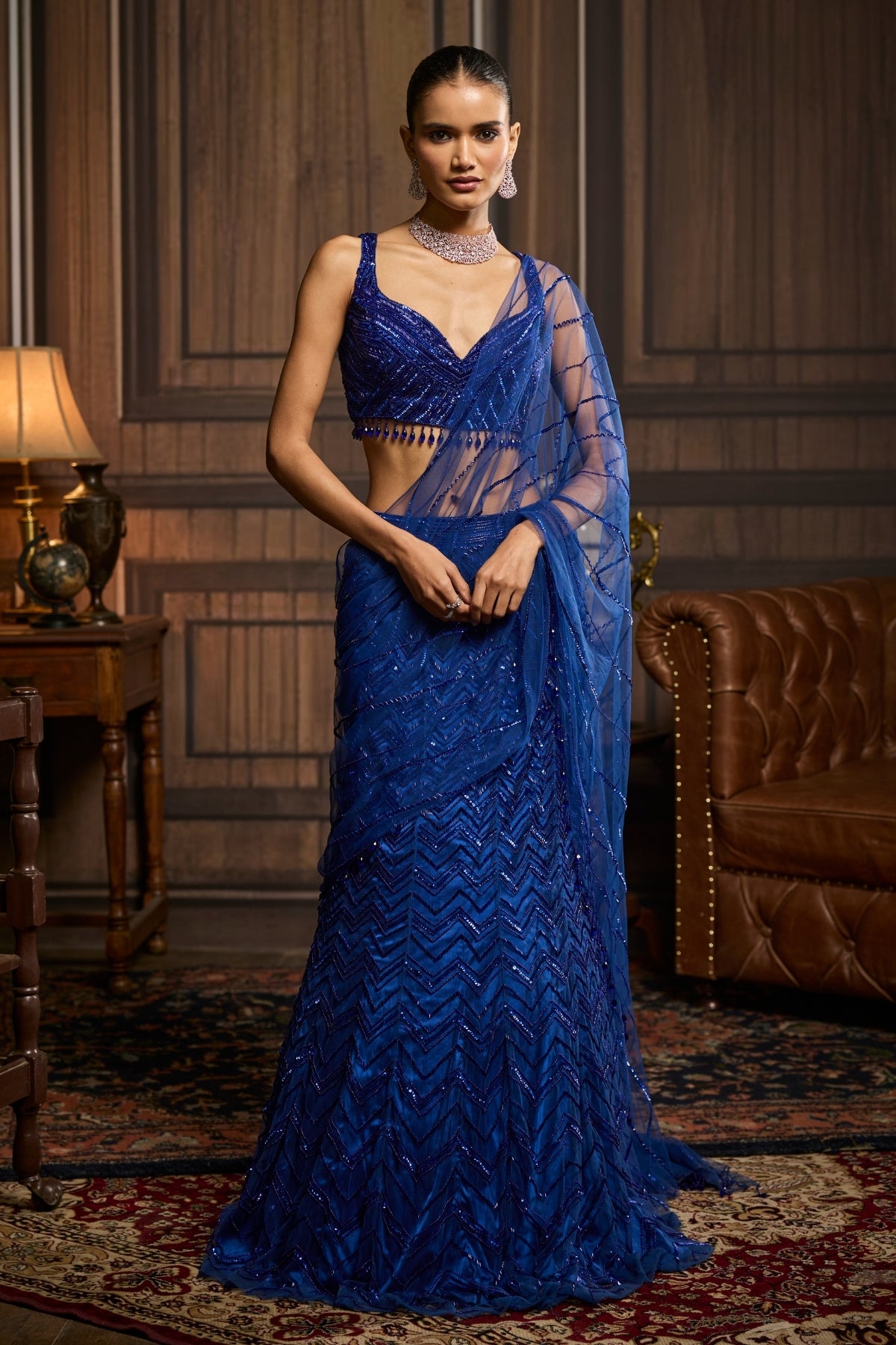 ELECTRIC BLUE EMBELLISHED PRE-DRAPED SKIRT SAREE SET