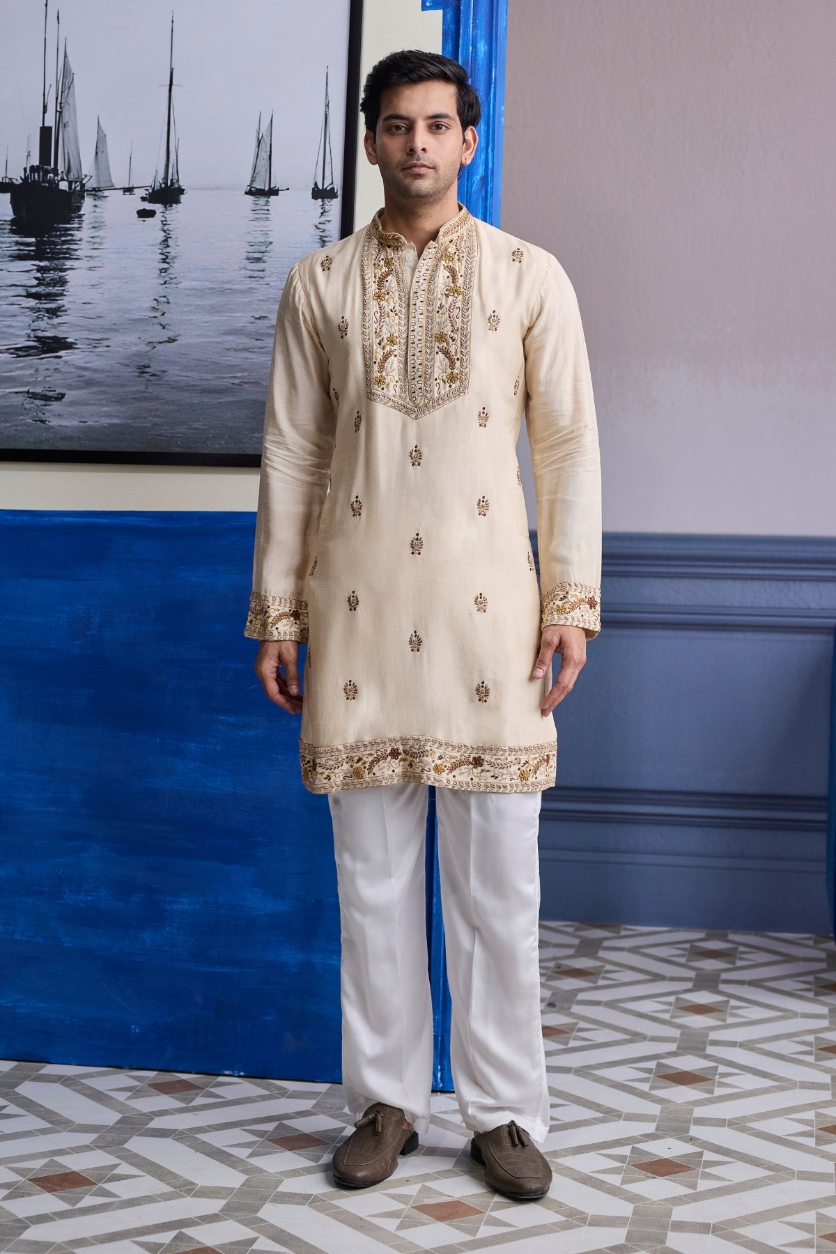 IVORY THREAD EMBROIDERED YOKE KURTA WITH PANTS