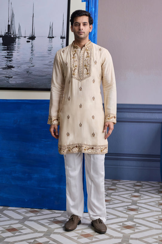 IVORY THREAD EMBROIDERED YOKE KURTA WITH PANTS