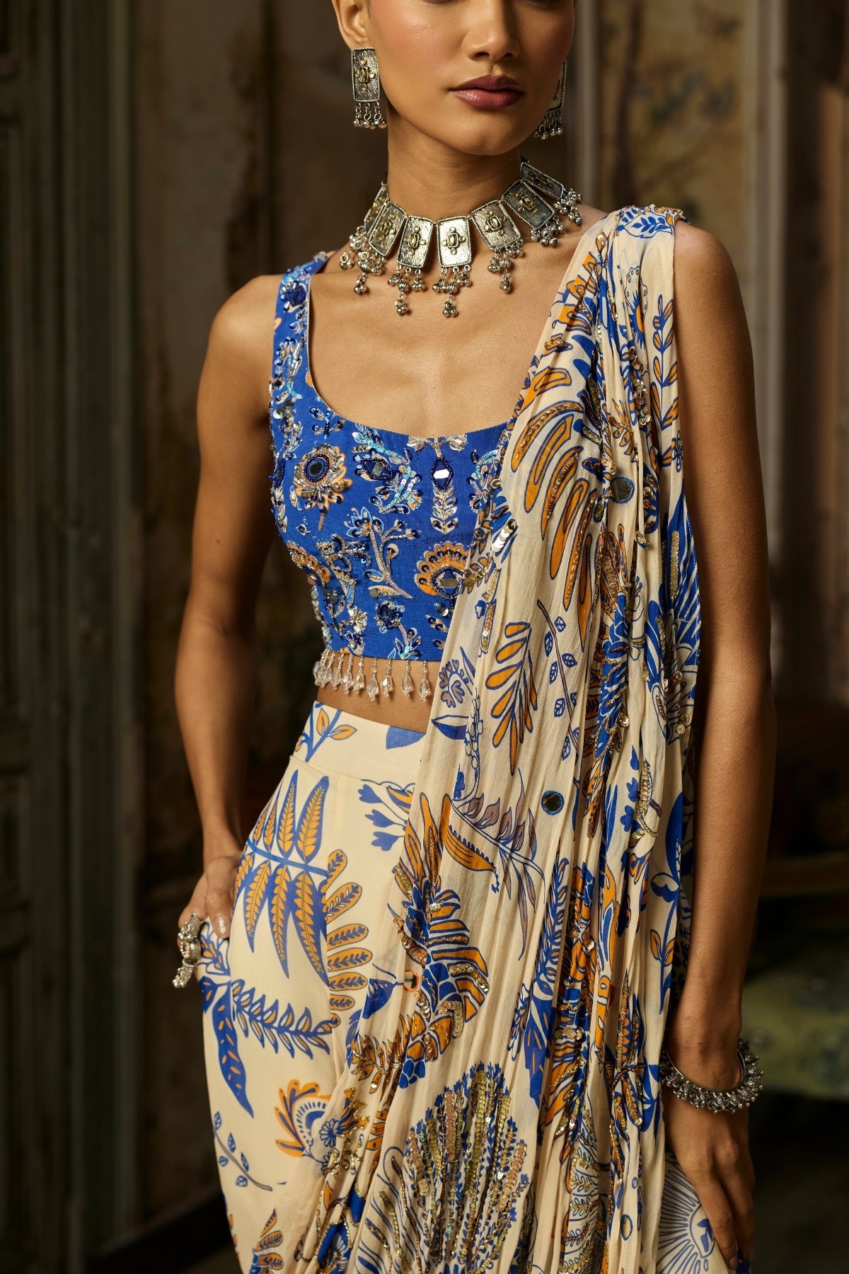 IVORY PRINTED AND HIGHLIGHTED SHARARA PANTS SAREE SET