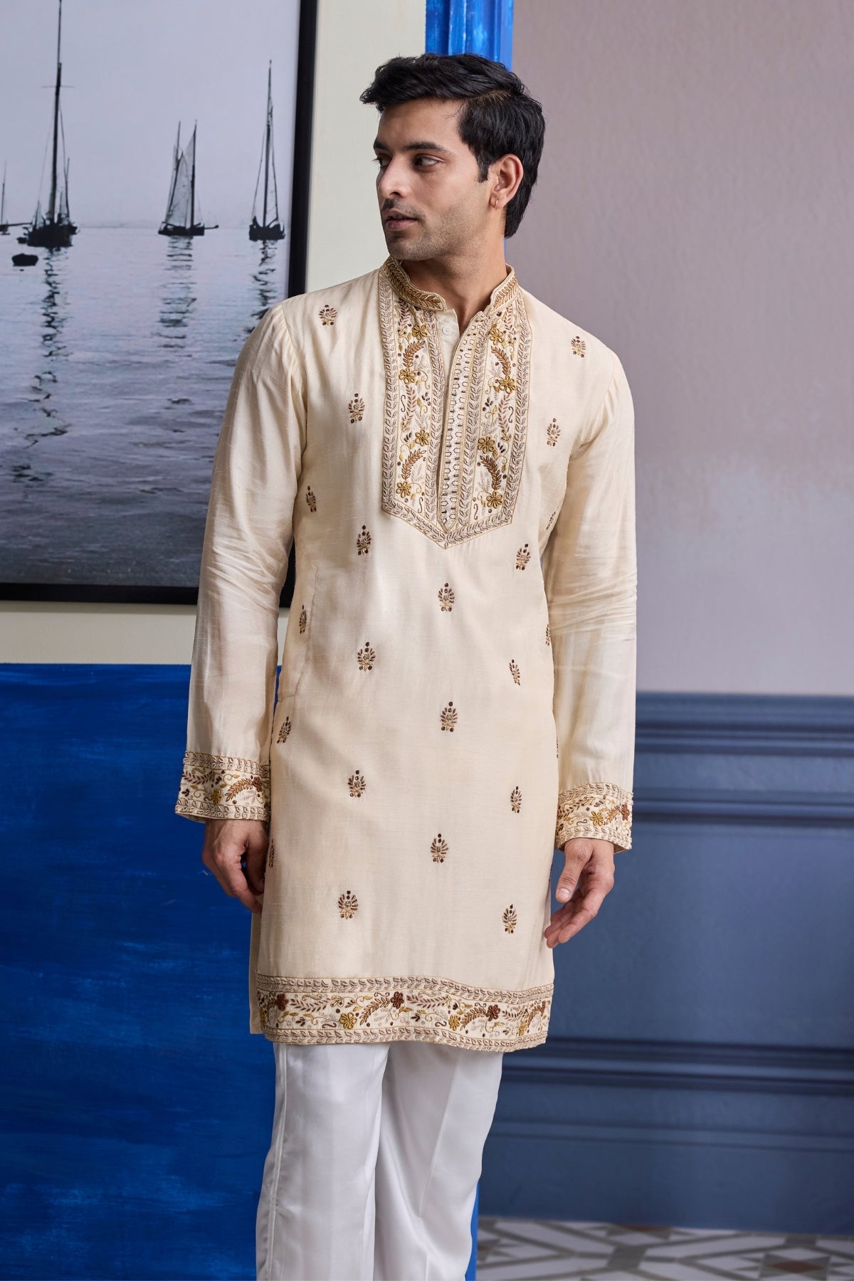 IVORY THREAD EMBROIDERED YOKE KURTA WITH PANTS