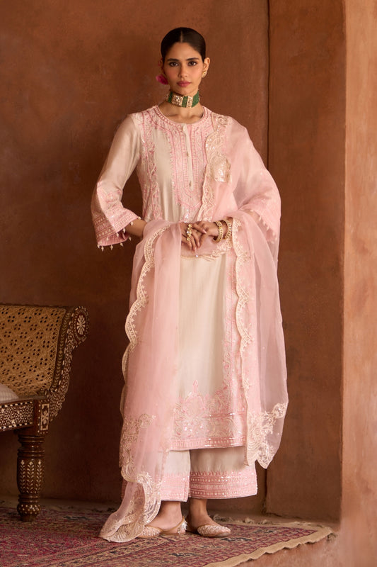 Ena - Daisy Ivory With Pink Long A-line Kurta With Palazzo And Dupatta