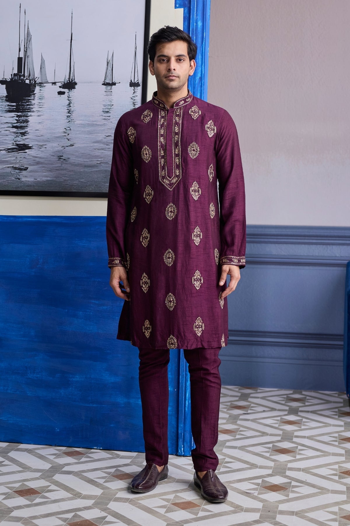 PLUM EMBROIDERED PLACKET KURTA WITH PANTS