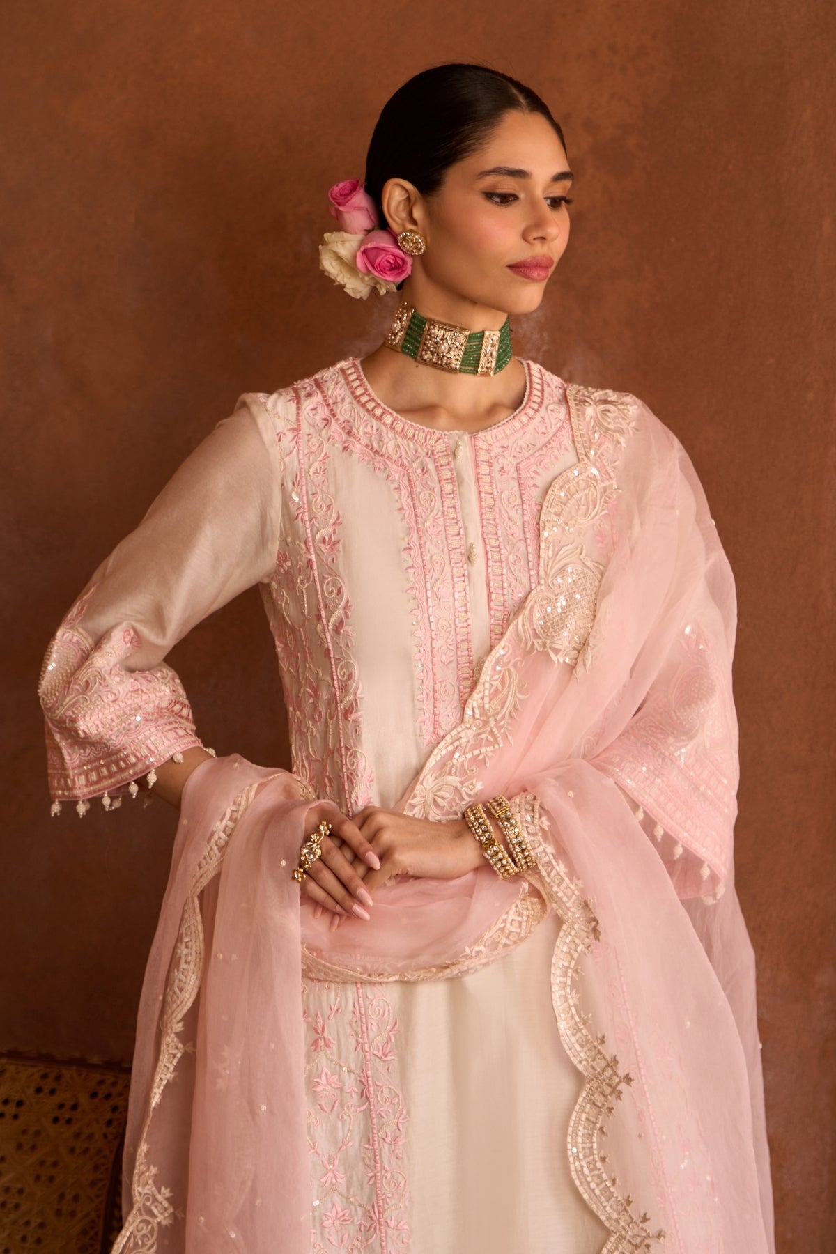 Ena - Daisy Ivory With Pink Long A-line Kurta With Palazzo And Dupatta