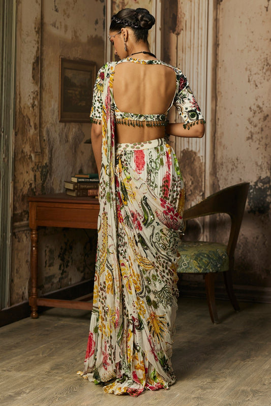 IVORY PRINT AND HIGHLIGHTED TIERED SKIRT SAREE SET