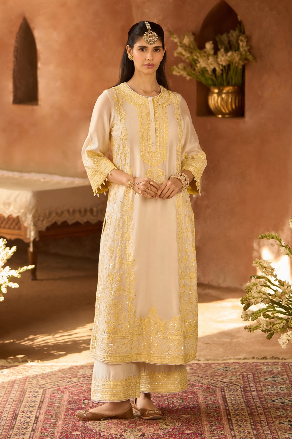 Ena - Daisy Ivory With Lemon Yellow Long A-line Kurta With Palazzo And Dupatta