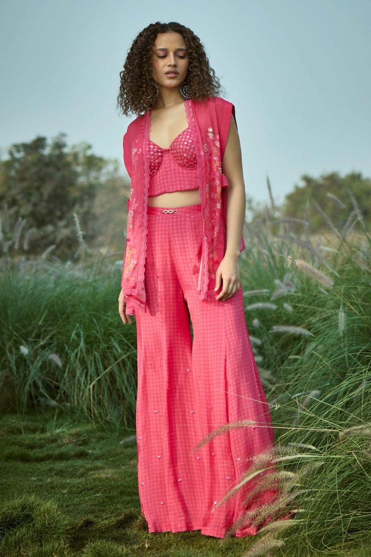 Embroidered Pink Jacket Pant Set