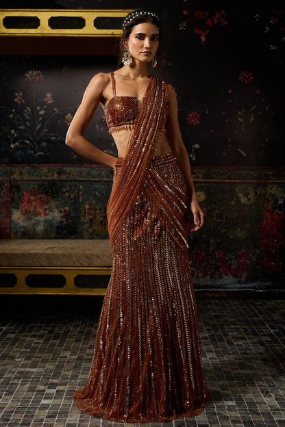 METALLIC RUST EMBELLISHED MERMAID SKIRT SAREE SET