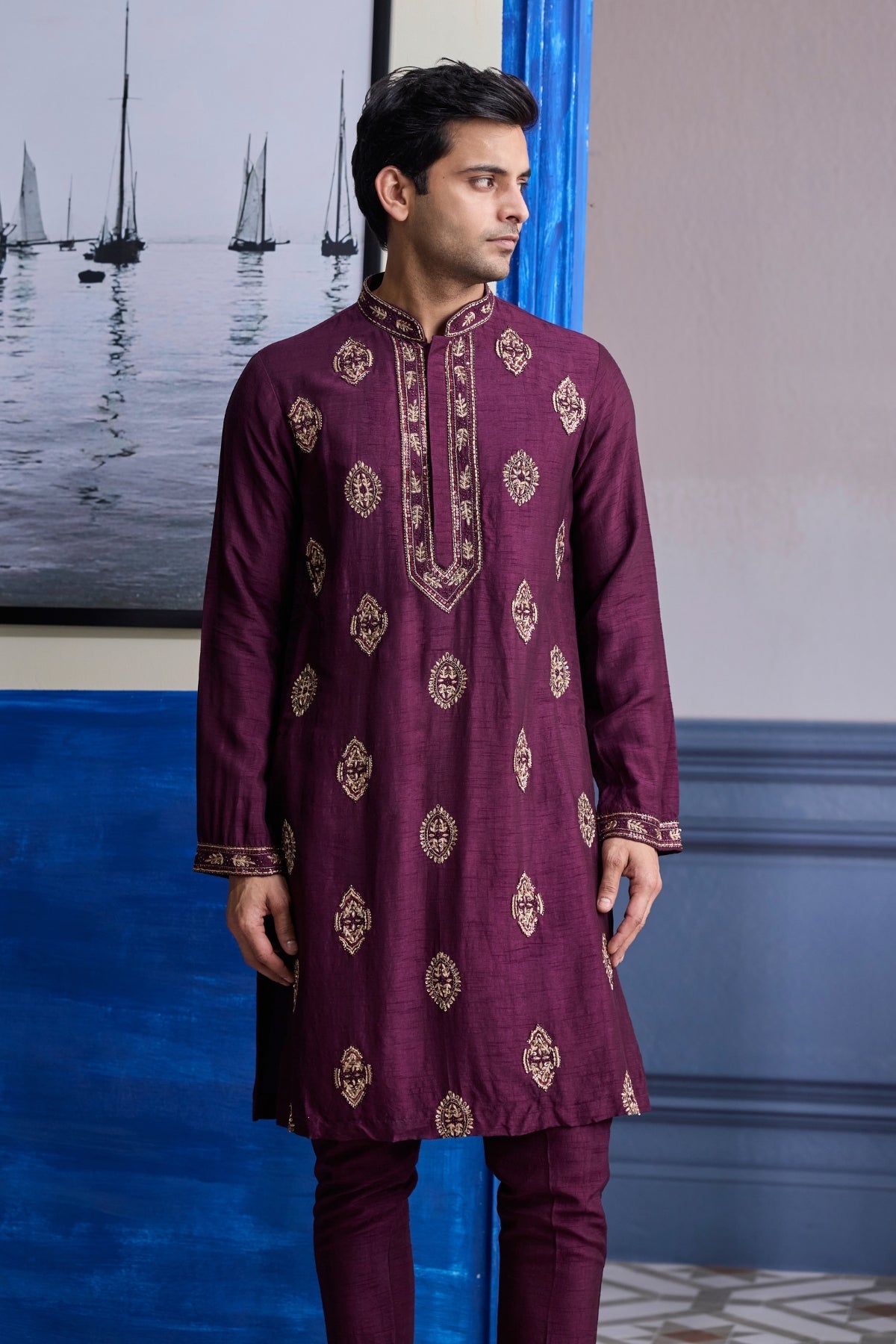 PLUM EMBROIDERED PLACKET KURTA WITH PANTS