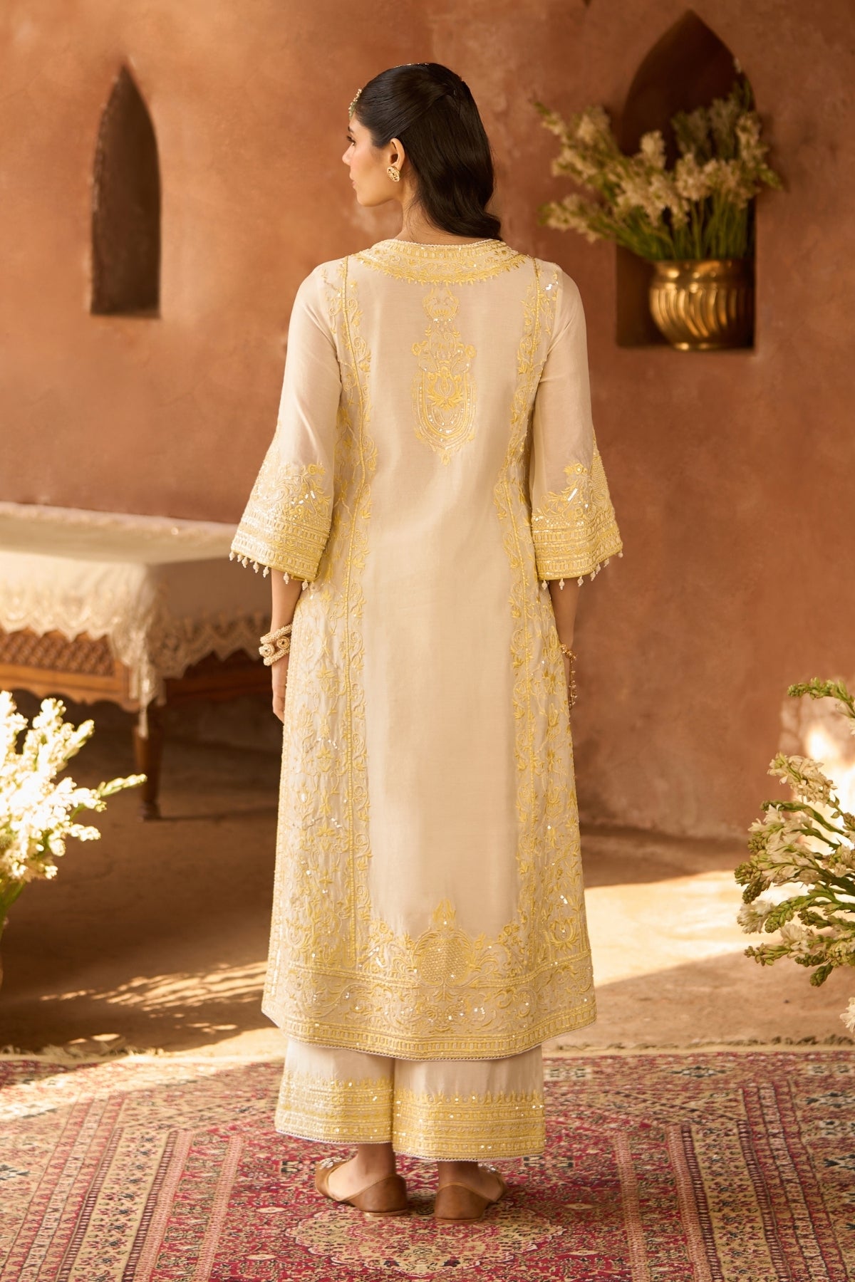 Ena - Daisy Ivory With Lemon Yellow Long A-line Kurta With Palazzo And Dupatta