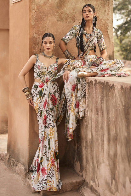 IVORY PRINT AND HIGHLIGHTED TIERED SKIRT SAREE SET