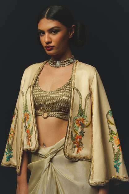 Beige Linen Satin Draped Skirt Set