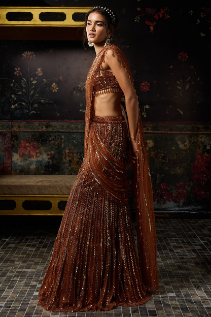 METALLIC RUST EMBELLISHED MERMAID SKIRT SAREE SET