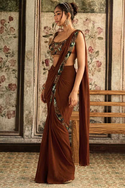 CARAMEL EMBROIDERED PRE-DRAPED  SAREE SET