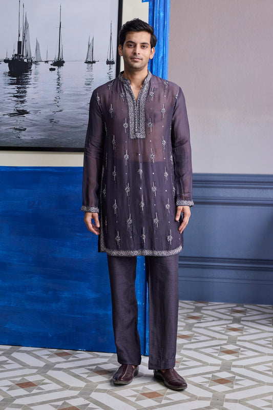 CHARCOL GREY SHEER EMBROIDERED KURTA WITH PANTS