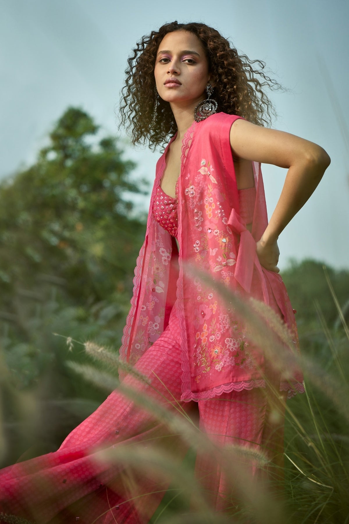 Embroidered Pink Jacket Pant Set