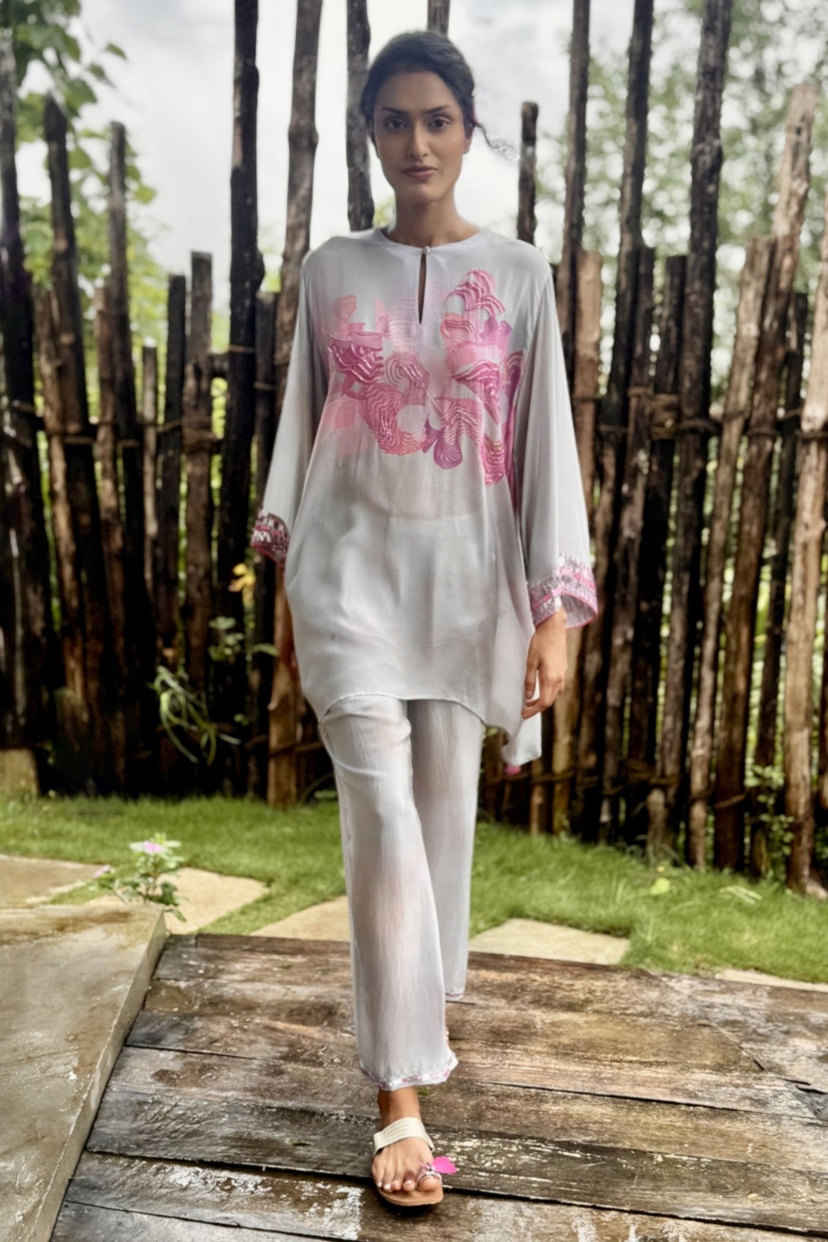 White & Pink Crepe Embroidered Co-Ord Set