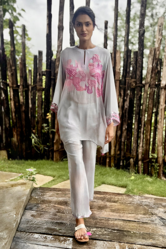 White & Pink Crepe Embroidered Co-Ord Set