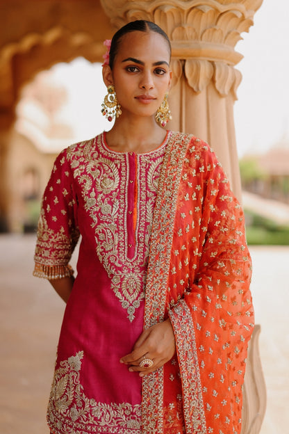 Maysam - Hot Pink Kurta Set with Sharara & Dupatta