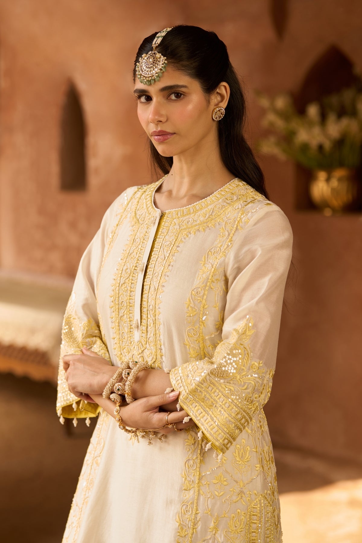 Ena - Daisy Ivory With Lemon Yellow Long A-line Kurta With Palazzo And Dupatta