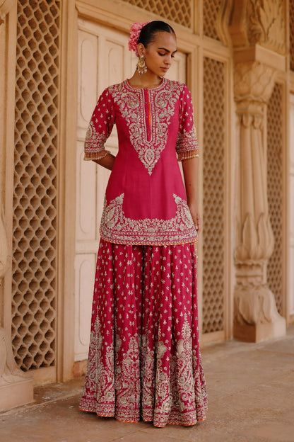 Maysam - Hot Pink Kurta Set with Sharara & Dupatta