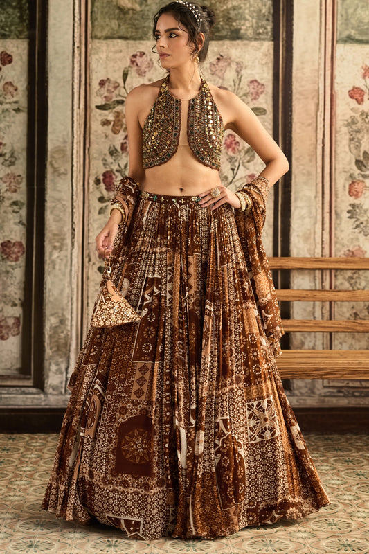 CARAMEL EMBROIDERED HALTER BLOUSE WITH PRINTED LEHENGA SET
