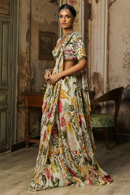 IVORY PRINT AND HIGHLIGHTED TIERED SKIRT SAREE SET