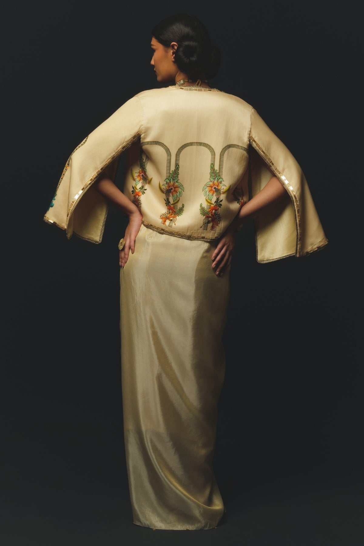 Beige Linen Satin Draped Skirt Set