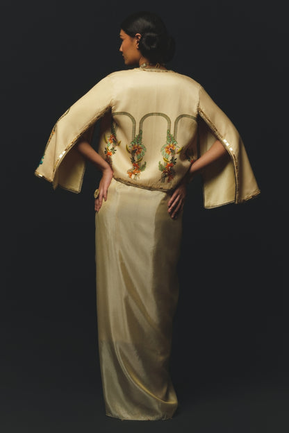 Beige Linen Satin Draped Skirt Set