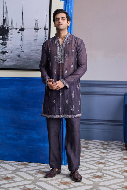 CHARCOL GREY SHEER EMBROIDERED KURTA WITH PANTS