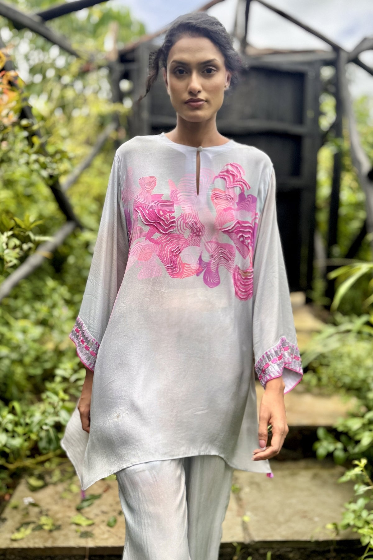 White & Pink Crepe Embroidered Co-Ord Set