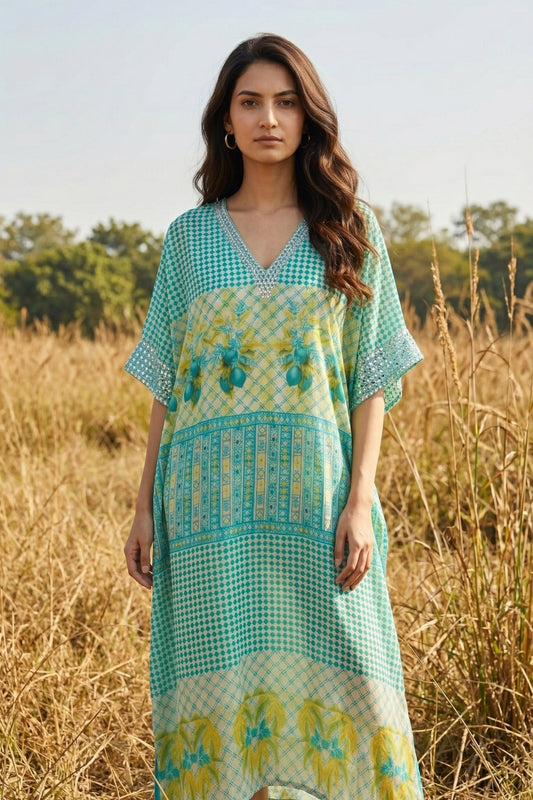 Printed Aqua Green Chiffon Kaftan
