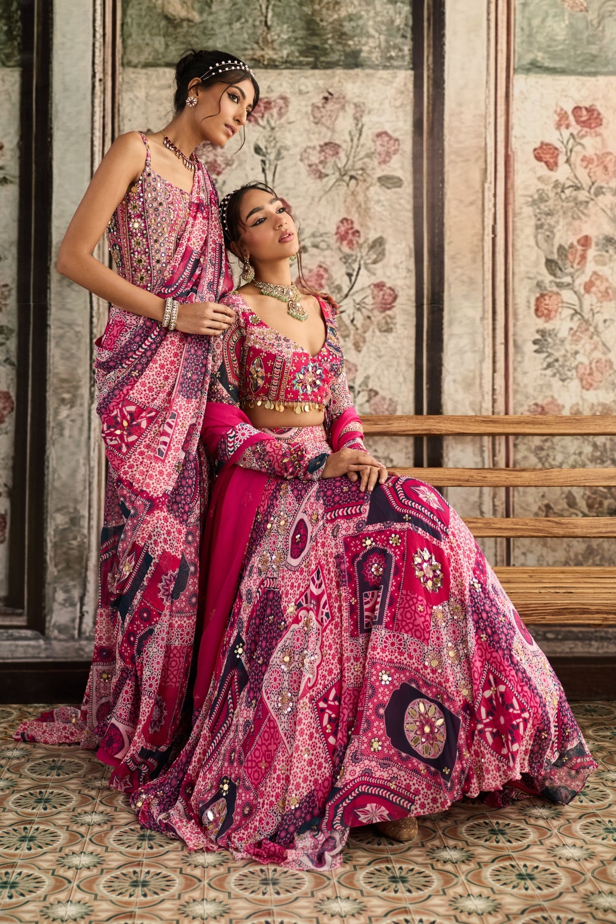 FUSCHIA PRINT AND HIGHLIGHTED ANGRAKHA BLOUSE LEHENGA SET