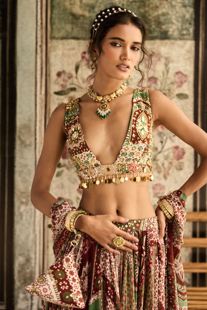 SAGE-MAROON PRINTED LEHENGA SET