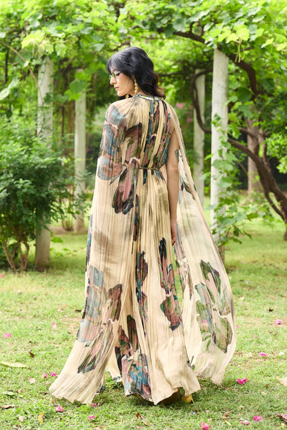 BEIGE FLORAL ROUCHED MAXI DRESS